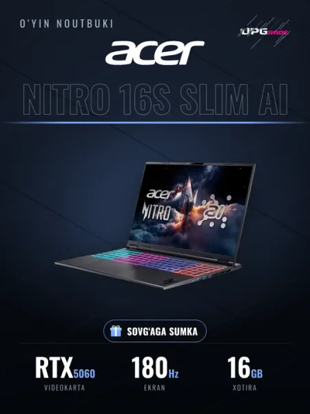 Ноутбук игровой Acer Nitro 16S Slim AI 16" WQXGA 180 Гц, Ryzen AI 7 350, RTX 5060 16/512ГБ - Игровые ноутбуки