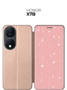 Чехол-книжка на Honor X7b с принтом "Сердечки на розовом фоне" золотой