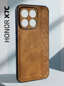 Чехол кожаный на Honor X7c (Чехол на Хонор Х7с) с защитой камеры, геометрия, коричневый