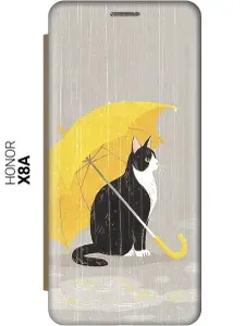 Чехол-книжка на Honor X8a / Хонор Х8А c принтом "Кот с желтым зонтом" золотистый