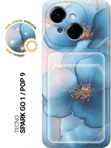 Силиконовый чехол на Tecno Spark Go 1 / Pop 9 с принтом "Голубые ирисы" с карманом для карты