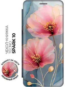 Чехол-книжка на Tecno Spark 10 / 10C с принтом "Бутоны в сиянии" золотой