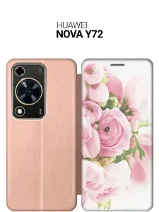 Чехол-книжка на Huawei nova Y72 с принтом "Розовые розы" золотой