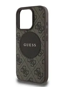 Чехол Guess Magsafe на iPhone 16 Pro Max Magsafe из экокожи, с металлическим логотипом, с принтом 4G Round Patch, PU Leather, коричневый. Товар уцененный