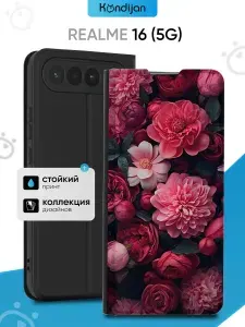 Чехол на Realme 16 5G с рисунком, противоударный, с магнитом, черный принт ПИОНЫ КРАСНЫЕ / Реалми 16