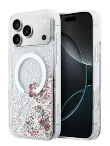 Чехол Guess на iPhone 17 Pro Max, Liquid Glitter MagSafe, двухслойный с гелем с блестками, с дизайном Cherries and 4G Charms, серебристый