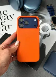 Чехол кожаный для iPhone 17 Pro Max / Leather Case MagSafe / Фирменная Анимация NFC / Закрытая кнопка Camera Control / Orange_4