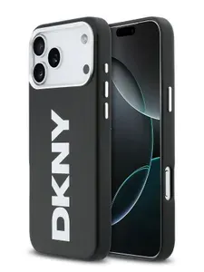 Чехол DKNY на iPhone 17 Pro, PU Full Wrapped MagSafe, из экокожи, с металлическими лого, кнопками и рамкой для камеры, черный