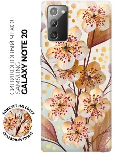 Чехол на Samsung Galaxy Note 20 с принтом "Кремовые цветы и золотые листья"
