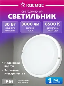Светильник потолочный настенный 30Вт, 6500K, 230В