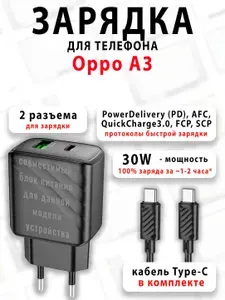 Зарядное устройство для телефона Oppo A3 - (быстрая мощная зарядка 30 ватт 30w type-c тайпси)