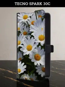 Чехол-книжка на Tecno Spark 30C (Техно Спарк 30С) с картой и принтом "Чистые ромашки"