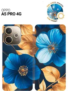 Чехол-книжка на Oppo A5 Pro 4G с принтом "Синие цветы, золотые листья" золотой