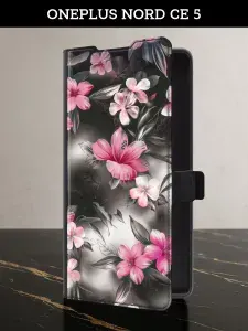 Чехол-книжка на OnePlus Nord CE 5 (ВанПлас Норд СЕ 5) с картой и принтом "Цветы на сером"