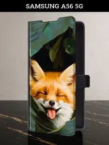 Чехол-книжка на Samsung A56 5G (Самсунг А56 5G) с картой и принтом "Смешная лиса"