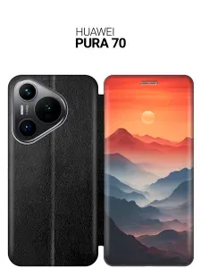 Чехол-книжка на Huawei Pura 70 с принтом "Луна над горами" черный