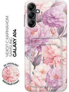 Чехол на Samsung Galaxy A14 с принтом "Шепот пионов" с карманом для карты