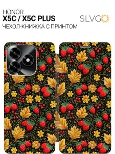 Чехол-книжка на Honor X5c / X5c Plus с принтом Вышитые землянички, bkg