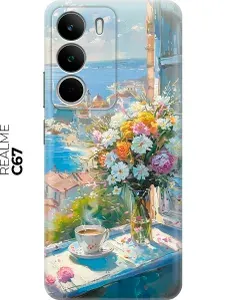Силиконовый чехол на Realme C71 с принтом "Букет цветов и кофе"