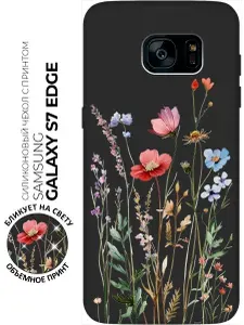 Силиконовый чехол на Samsung Galaxy S7 Edge с принтом "Милые цветочки" матовый черный