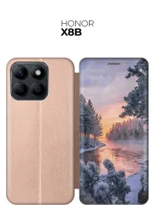 Чехол-книжка на Honor X8b с принтом "Река в заснеженном лесу" золотой