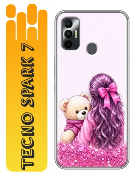 Чехол на Tecno Spark 7 Девочка с мишкой для девочек 360skin