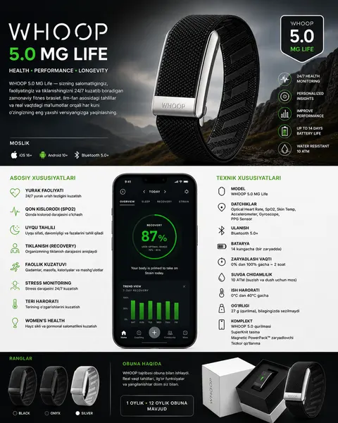 Фитнес-браслет Whoop MG Life, мониторинг сна, пульса, стресса, влагозащищенный, с подпиской на 12 месяцев