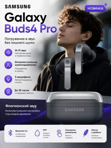 Наушники беспроводные Galaxy Buds4 Pro черные с ANC Samsung