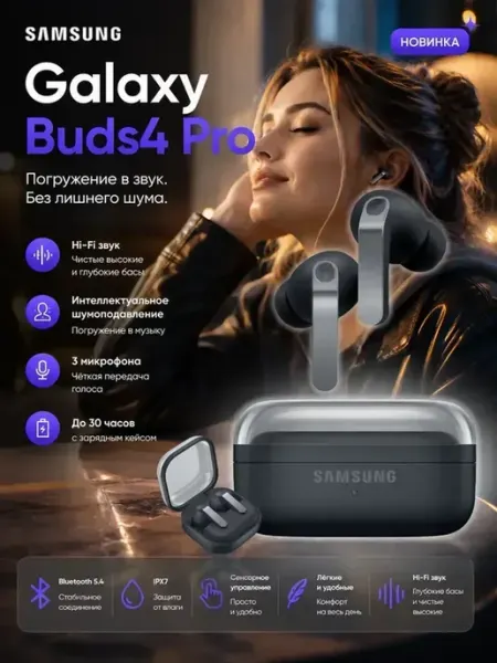 Наушники Buds4 Pro для Android с микрофоном черные Samsung