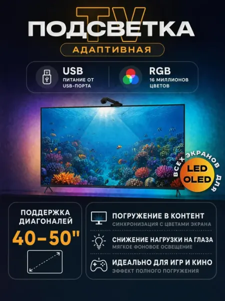 Умная подсветка для телевизора адаптивная 40 50 дюймов KVATR