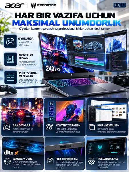 Ноутбук Acer Predator Helios Neo, Ultra 9 275HX, 16 ГБ DDR5, SSD 1 ТБ, RTX 5070 Ti - Игровые ноутбуки