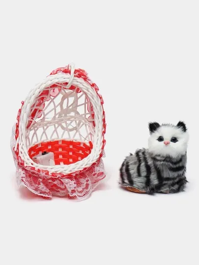 Kачеля игрушка, кукла Кот в корзине, со звуками мяуканья