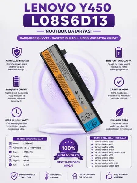 Аккумулятор Lenovo Y450 L08S6D13
