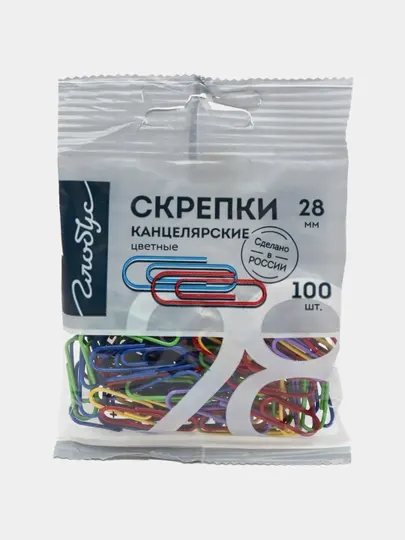 Скрепки канцелярские L28 мм, 100 шт, цветные, в пакете С28-100 П Пл