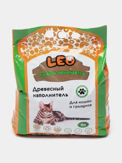 Наполнитель Leo для кошек и грызунов, древесный крупный , 9 л
