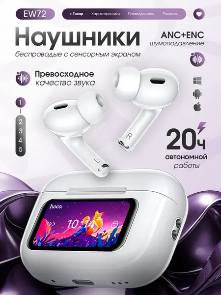 Наушники беспроводные, сенсорное управление, шумоподавление, влагозащита, Li-Ion аккумуляторы