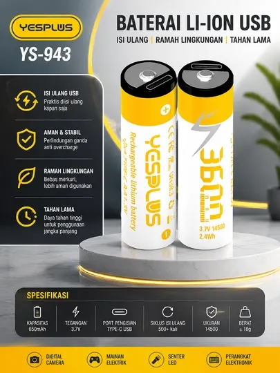 Аккумуляторные батарейки YESPLUS YS-943 USB Type-C, Li-ion, 2 шт