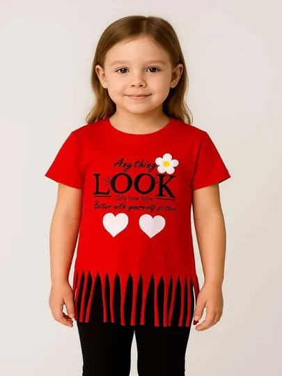 Летняя футболка для девочек дизайн "Look", с бахромой внизу