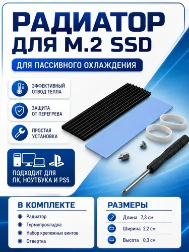 Радиатор для m2 SSD диска, для пассивного охлаждения. В комплекте термопрокладка, набор крепежных винтов, отвертка