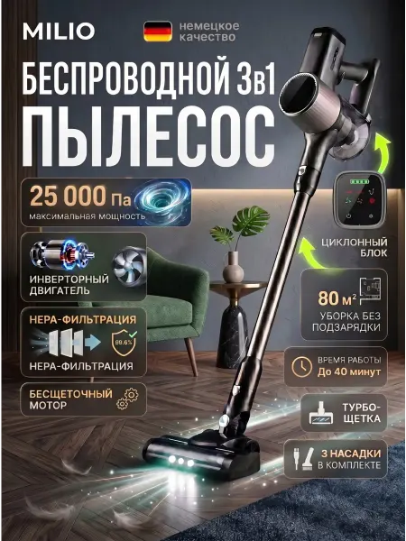 MILIO Пылесос вертикальный для дома мощный беспроводной SV807A