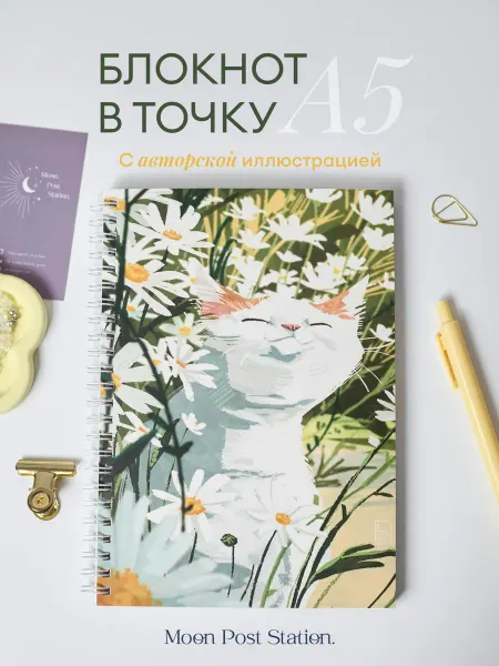 Moon Post Station Блокнот А5 в точку на пружине Котик подарок