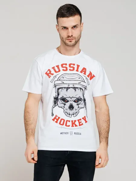 Mother Russia Футболка мужская с принтом белая Русский хоккей хлопок