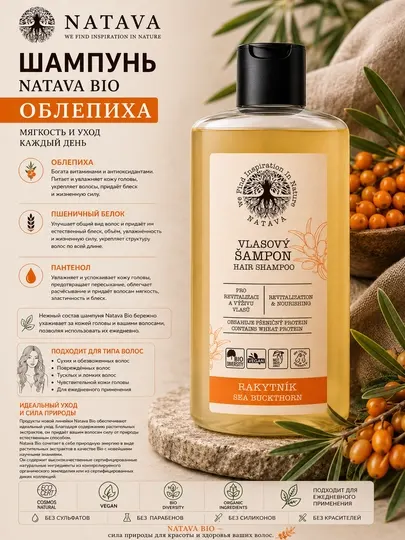 Шампунь без сульфатный для волос, облепиха, Natava, 250 мл