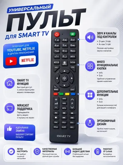 Универсальный пульт для Smart TV, с кнопками Netflix и YouTube