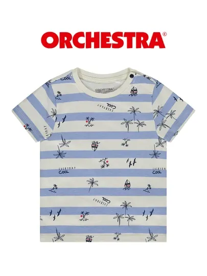 Детская футболка Orchestra, хлопок, в полоску с принтом, голубая