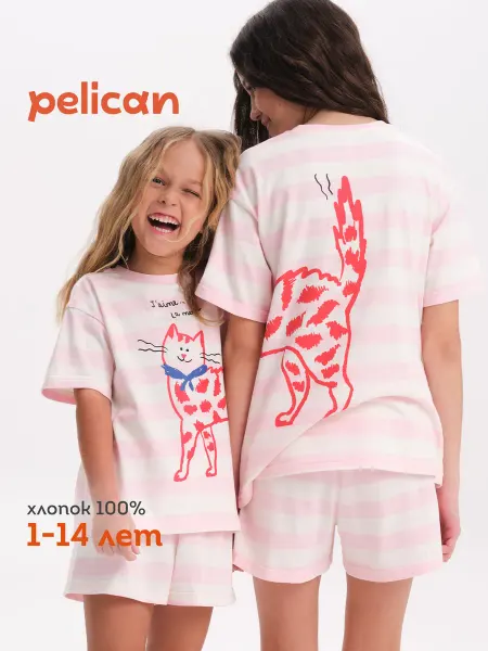 Pelican Костюм для девочки с шортами и футболкой пижама хлопок