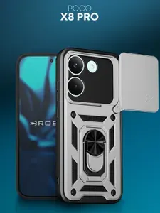 Противоударный чехол для Poco X8 Pro (Поко Х8 Про) пластиковый, бронированный, с кольцом для пальцев, черно-серебристый ROSCO