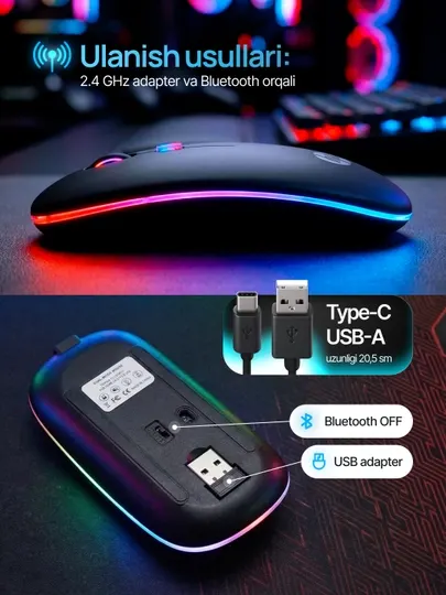 Беспроводная бесшумная RGB-мышь для ПК и ноутбука