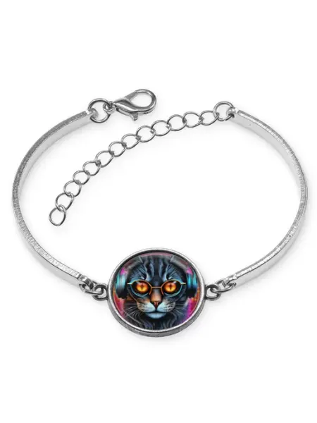Runes&Gems Браслет металлический Кот в очках и наушниках неон