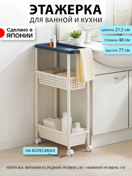 SANKA Этажерка для ванной и кухни на колесиках узкая пластиковая
